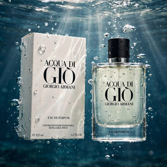 Acqua di Gio Eau de Parfum bottle submerged in clear water