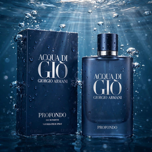 Acqua di Gio Profondo Eau de Parfum bottle submerged in deep water