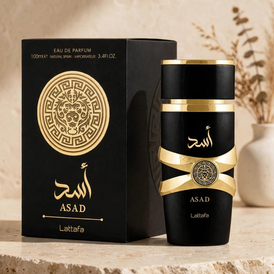 Lattafa Asad bottle in warm setting