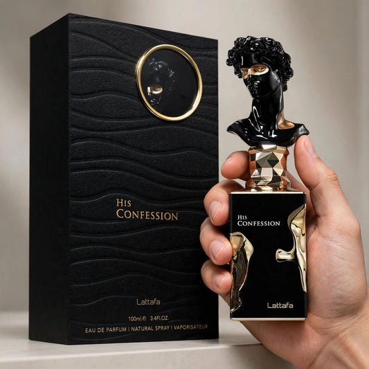 Lattafa His Confession Eau de Parfum bottle in hand setting
