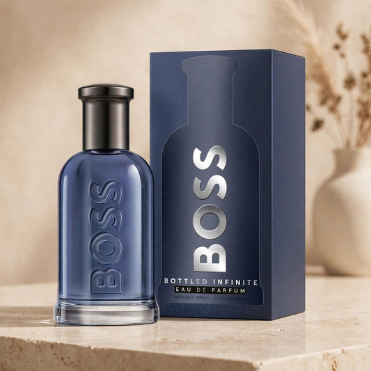 Hugo Boss Bottled Infinite EDP in warm beige luxury studio