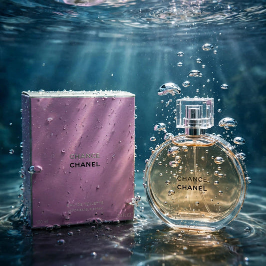 Chanel Chance EDT bottle in clear water splash