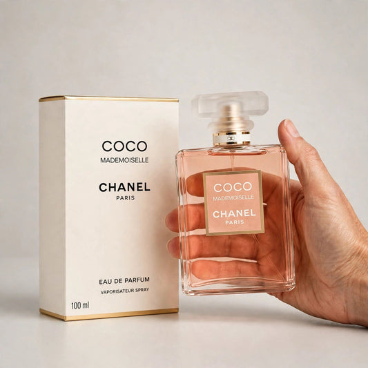 Hand holding Chanel Coco Mademoiselle EDP perfume bottle