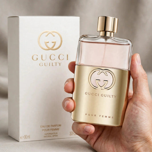 Hand holding Gucci Guilty Pour Femme EDP perfume bottle