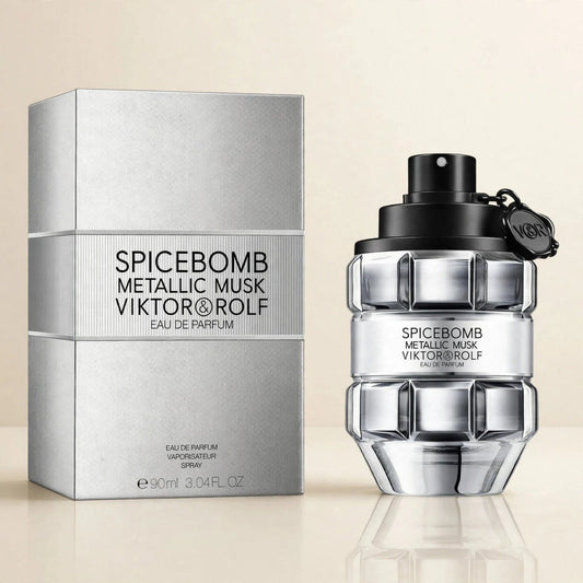 Viktor & Rolf Spicebomb Metallic Musk EDP in a cream studio setting