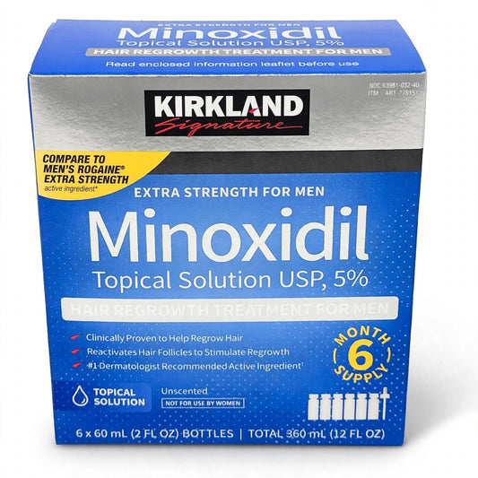Kirkland Minoxidil 5% hair regrowth treatment 6 month supply box on white background