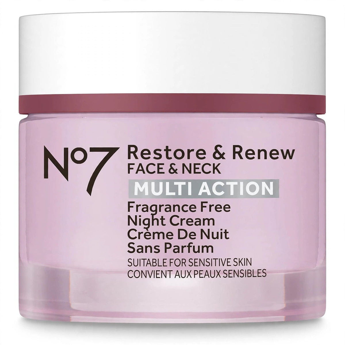 No7 Restore and Renew face and neck night cream jar on white background