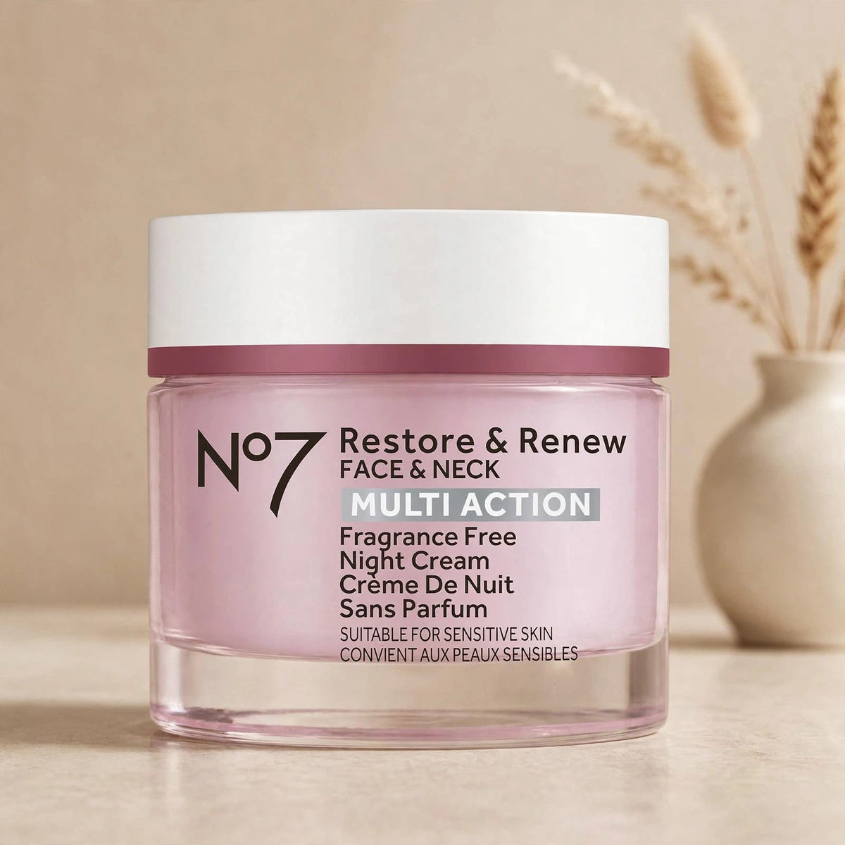 No7 Restore and Renew night cream in a warm beige studio