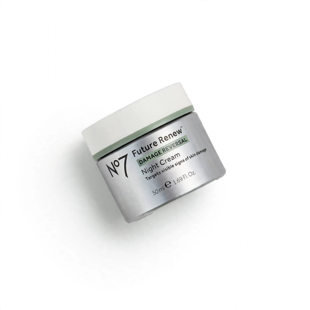 No7 Future Renew damage reversal night cream jar on white background