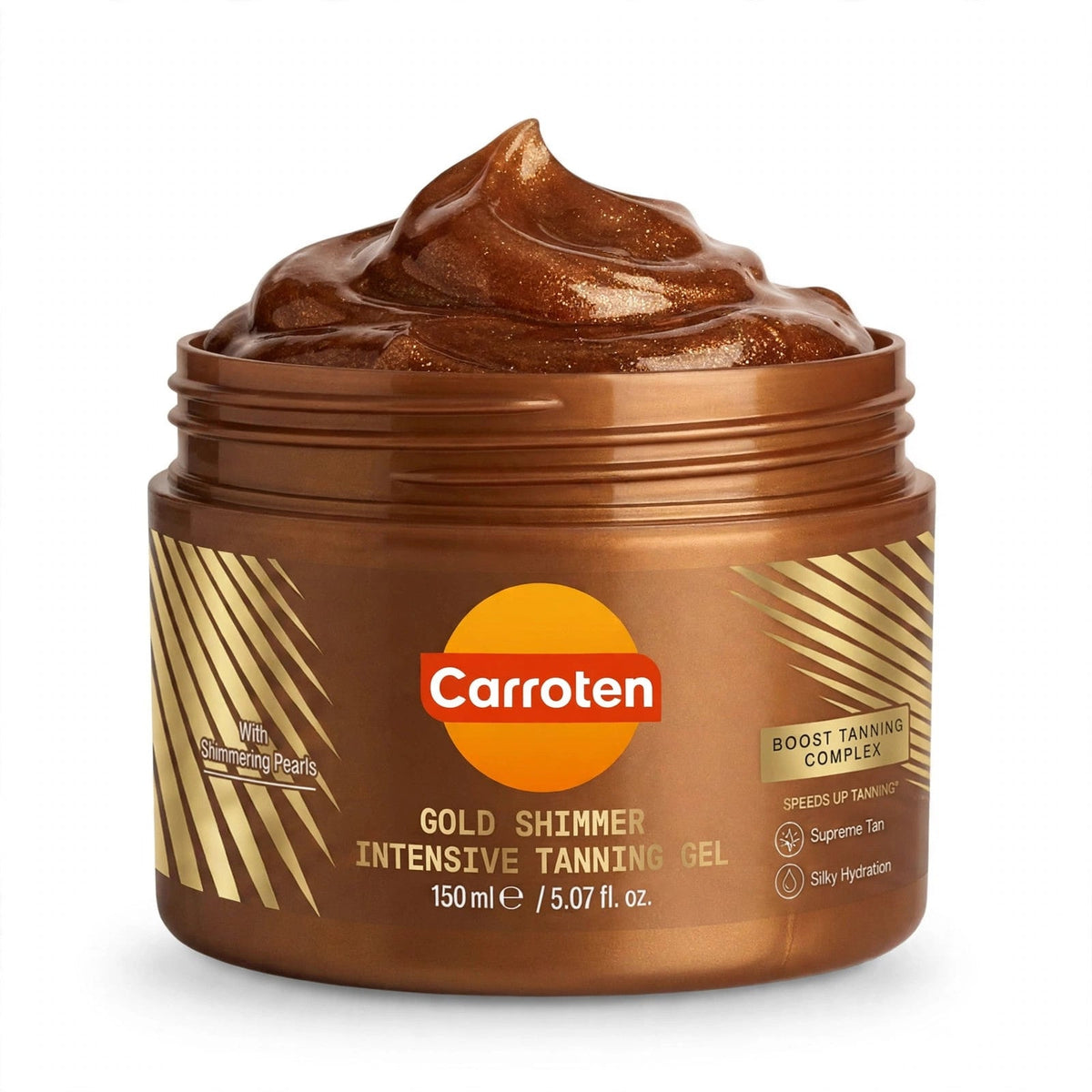 Carroten Gold Shimmer intensive tanning gel 150ml jar on white background