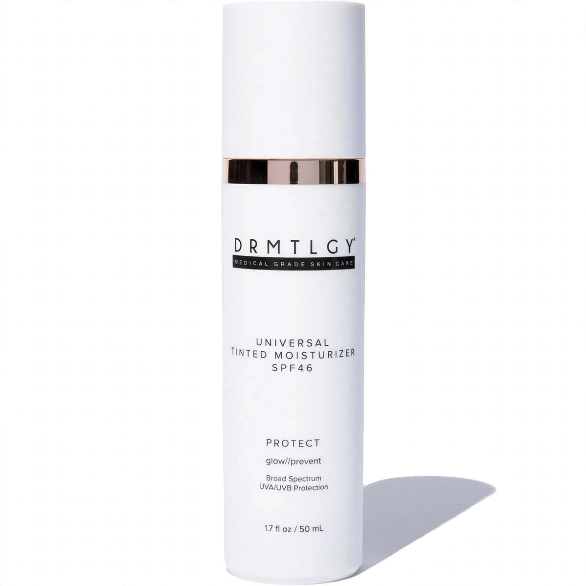 DRMTLGY Universal Tinted Moisturizer SPF 46 bottle on white background