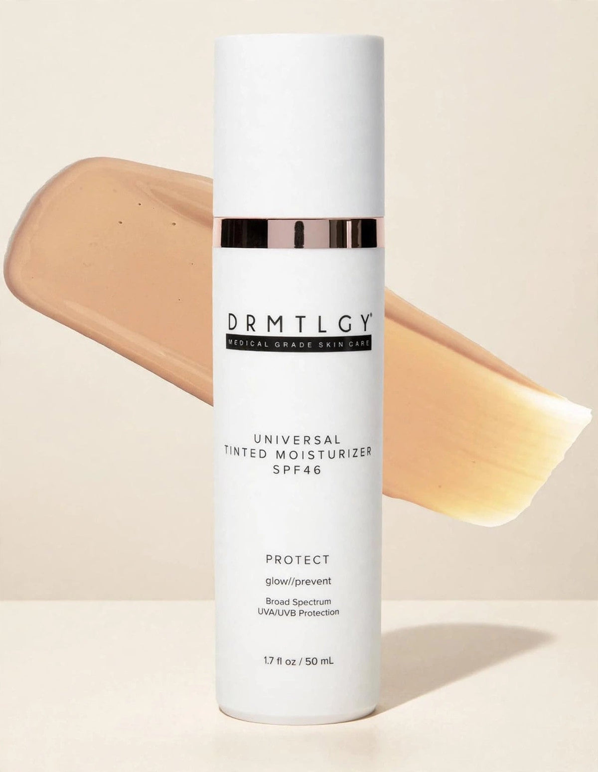 DRMTLGY tinted moisturizer bottle in a cream studio