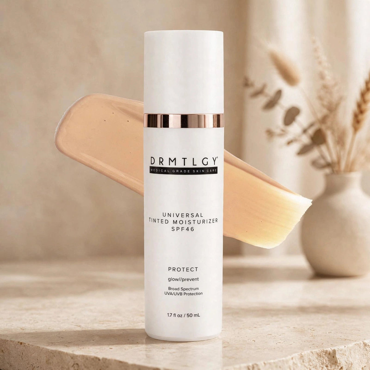 DRMTLGY Universal Tinted Moisturizer SPF 46 in a warm studio
