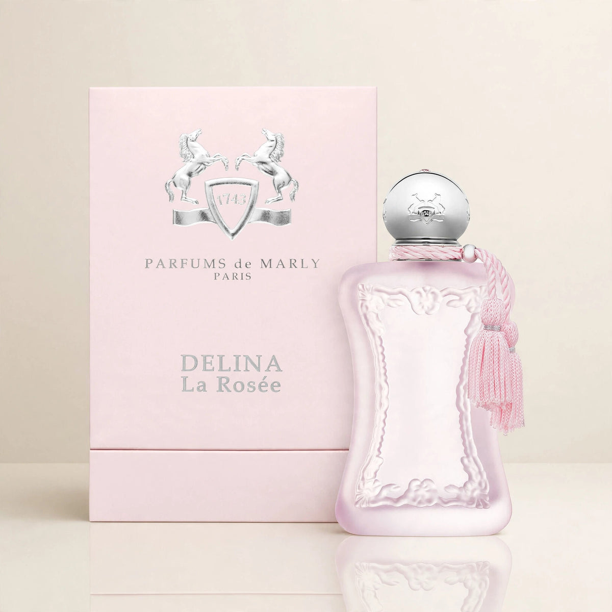 Parfums de Marly Delina La Rosee 75ml bottle and box in cream studio setting
