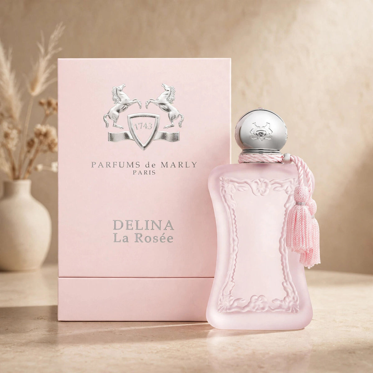 Parfums de Marly Delina La Rosee 75ml bottle in warm beige luxury studio setting