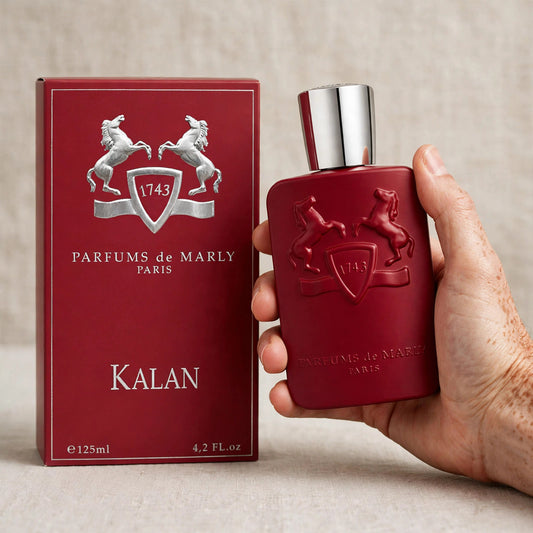 Hand holding Parfums de Marly Kalan 125ml bottle