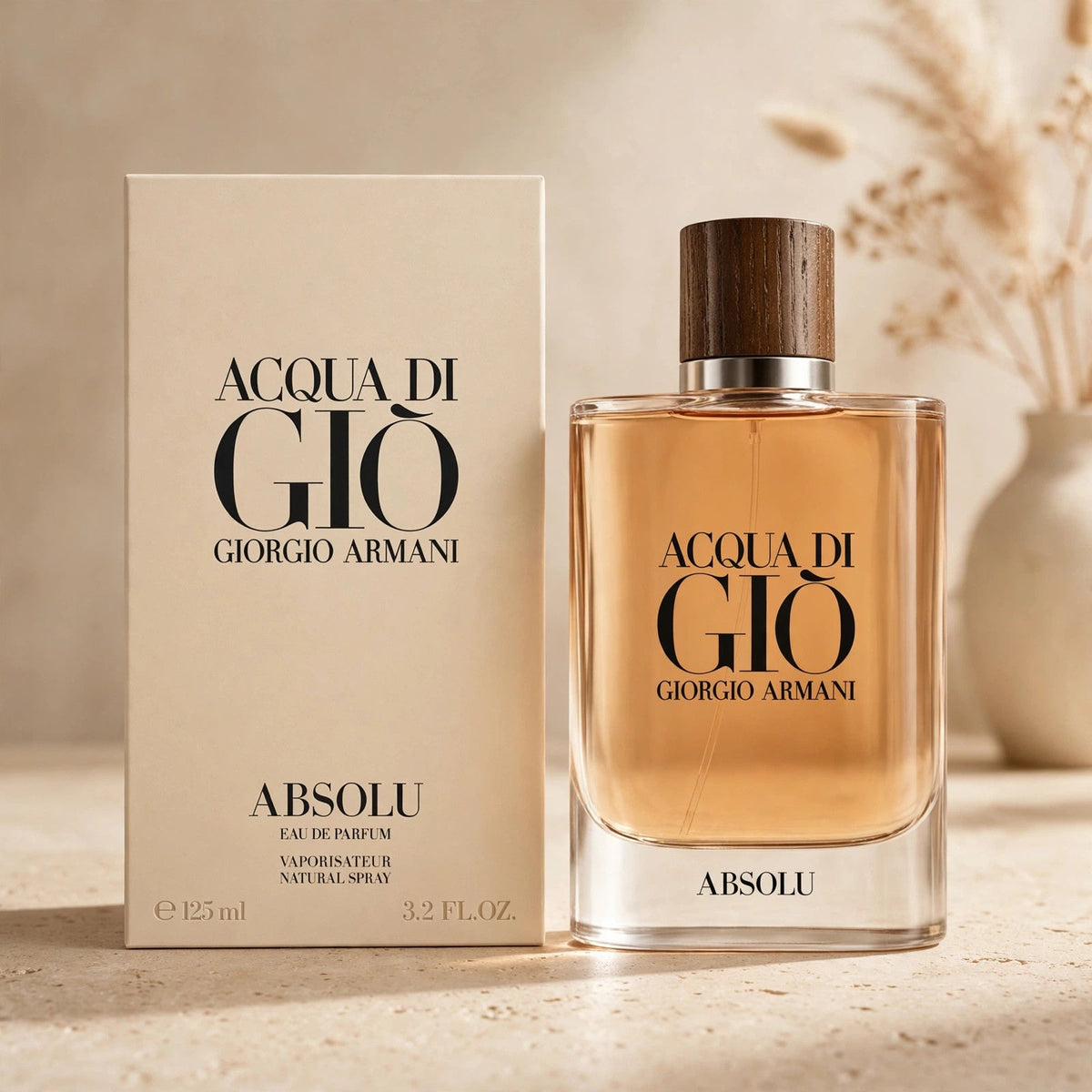 Giorgio Armani Acqua di Gio Absolu Eau de Parfum 125ml bottle and box in warm beige studio