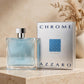 Azzaro Chrome Eau de Toilette 100ml / 3.3oz for Men bottle and box in warm beige studio