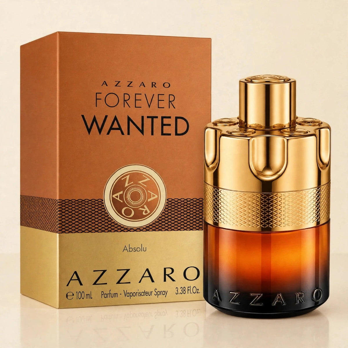 Azzaro Forever Wanted Absolu Eau de Parfum 100ml bottle and box in cream studio
