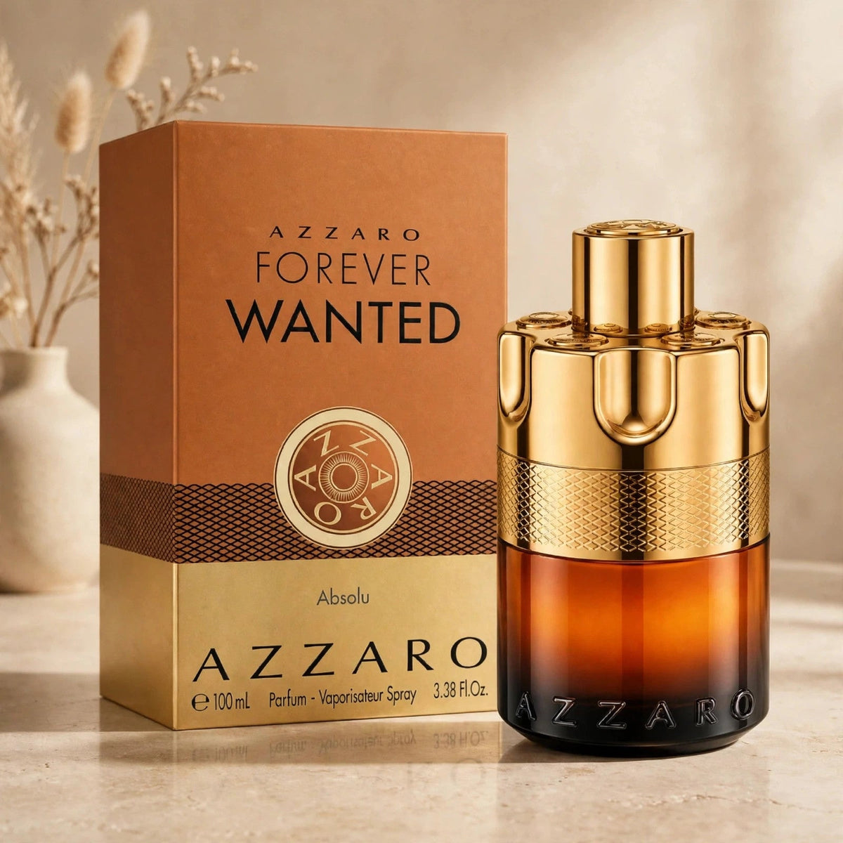 Azzaro Forever Wanted Absolu Eau de Parfum 100ml bottle and box in warm beige studio