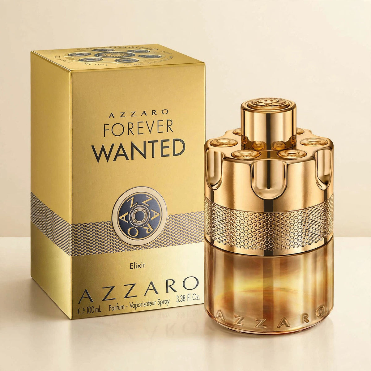 Azzaro Forever Wanted Elixir Eau de Parfum 100ml / 3.4oz for Men bottle and box in cream studio