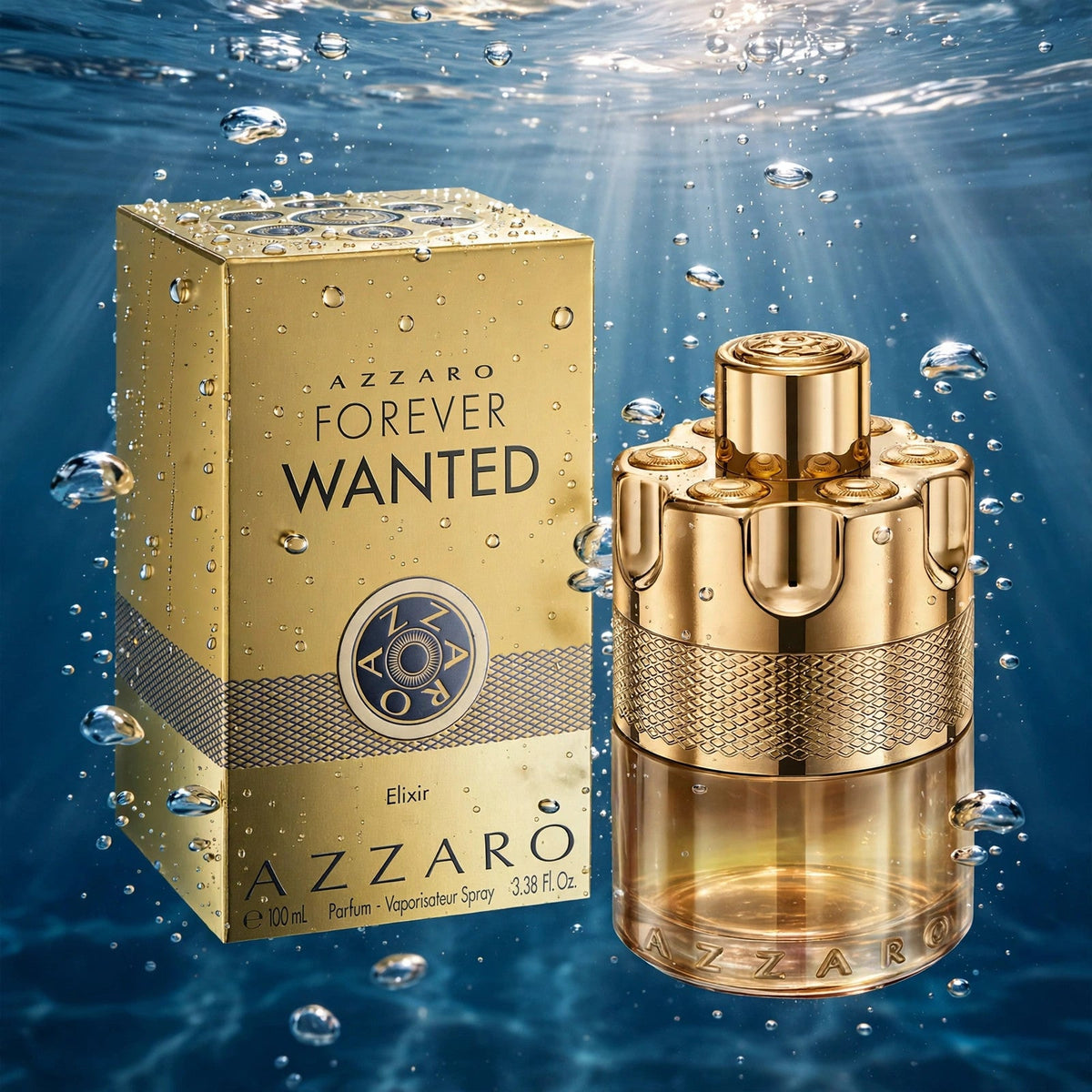 Azzaro Forever Wanted Elixir Eau de Parfum 100ml / 3.4oz for Men bottle submerged in water