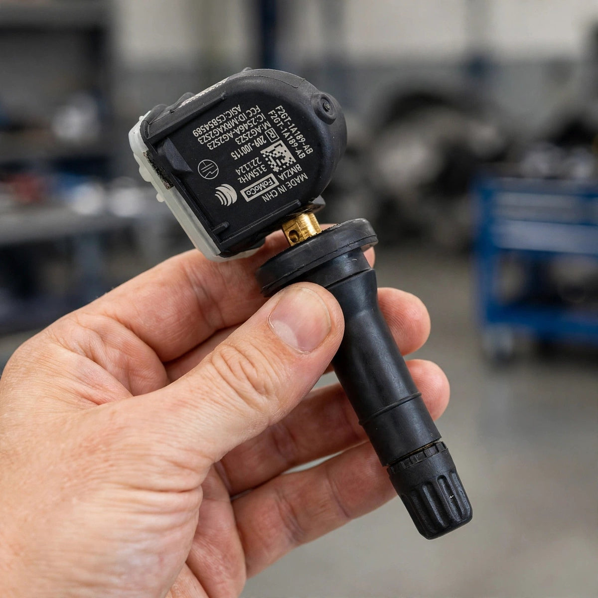 Ford F2GZ-1A189-AB TPMS tire pressure sensor held in hand