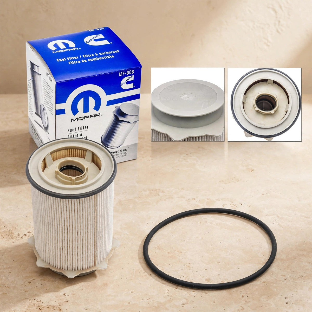 Mopar MO-608 68065608AB fuel filter in a warm beige studio