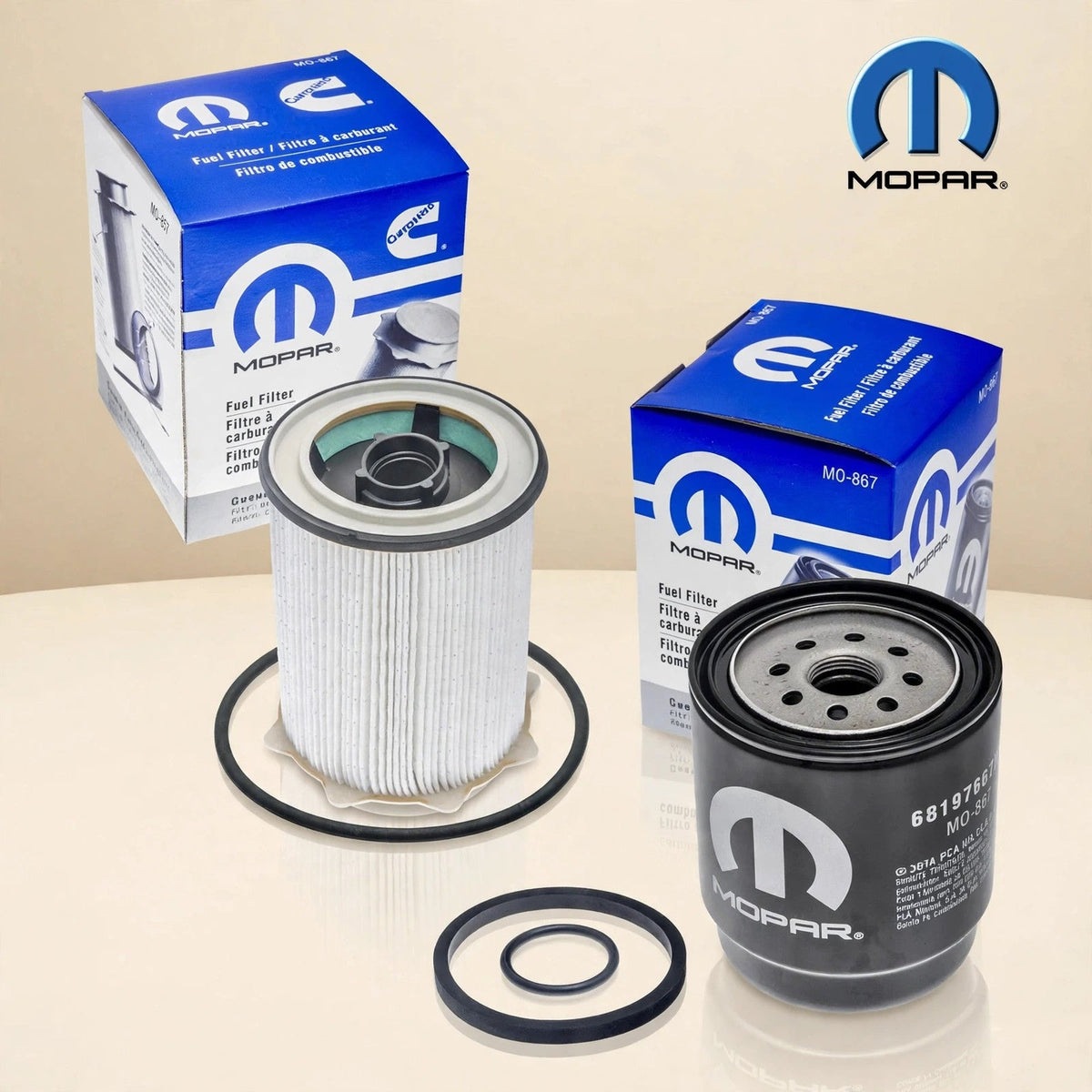 Mopar 68197867AB fuel filter in a cream studio
