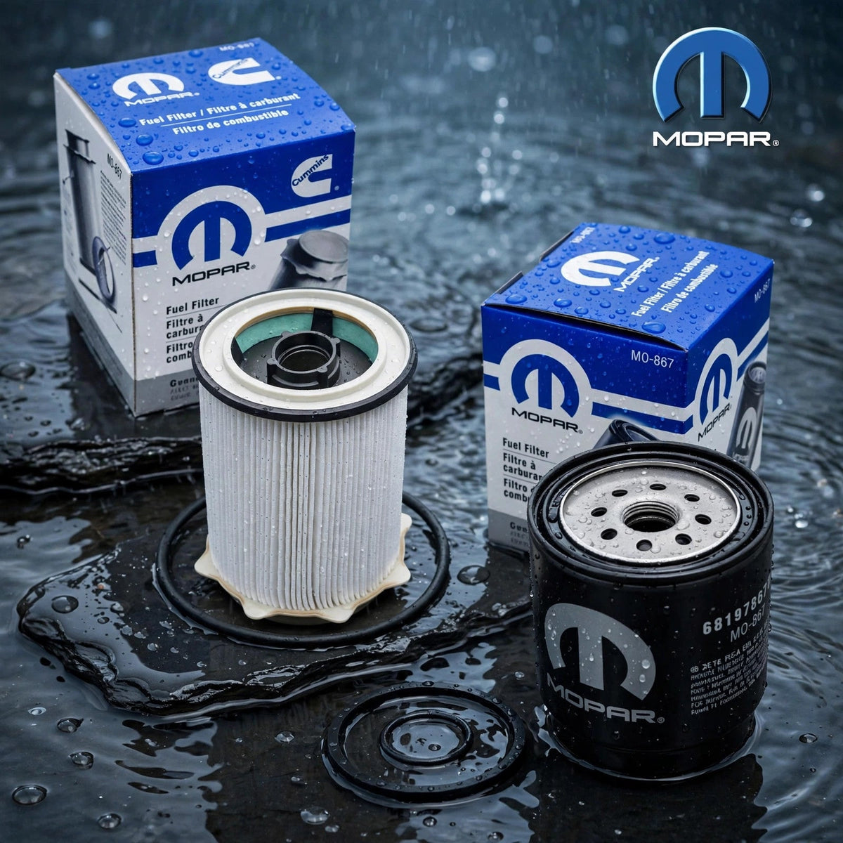 Mopar 68197867AB fuel filter in a water scene