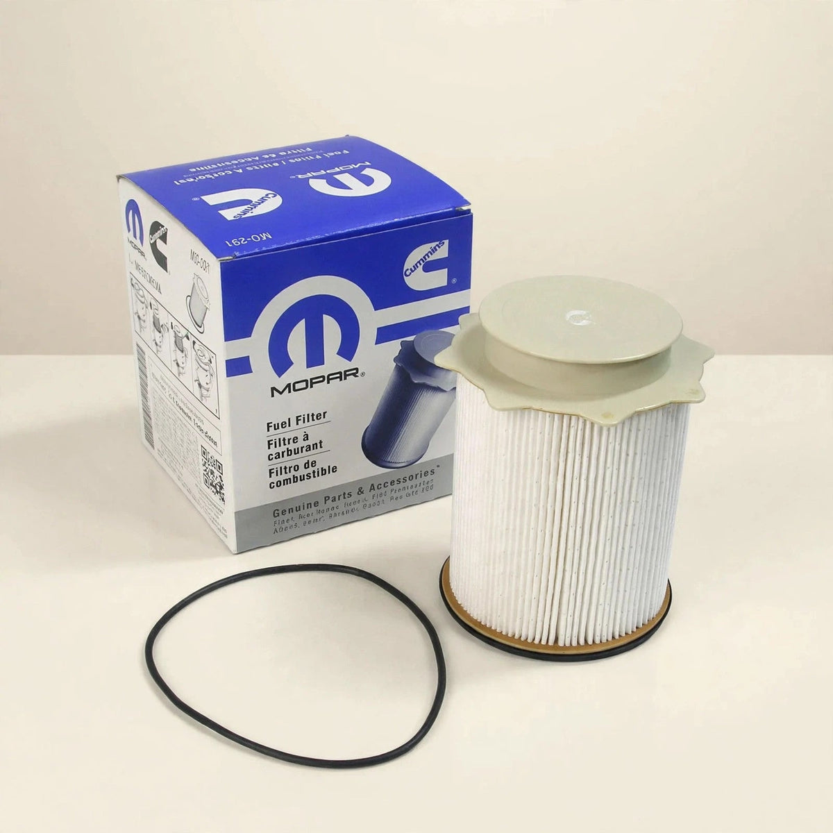 Mopar 68157291AA fuel filter in a cream studio