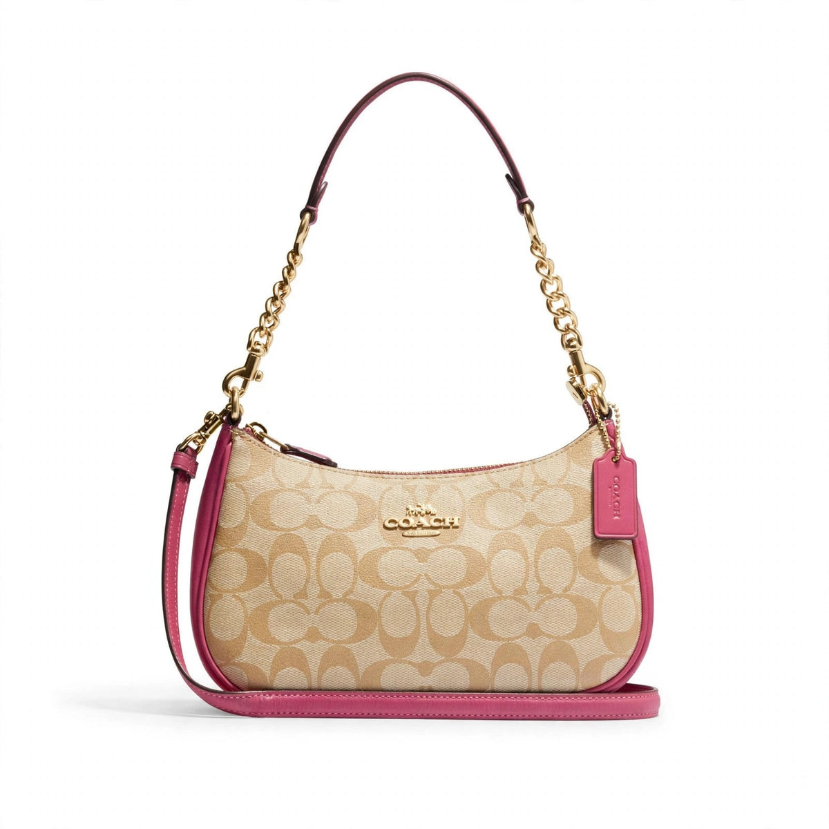 Coach Teri Shoulder Bag in signature canvas with gold and powder pink trim on white background