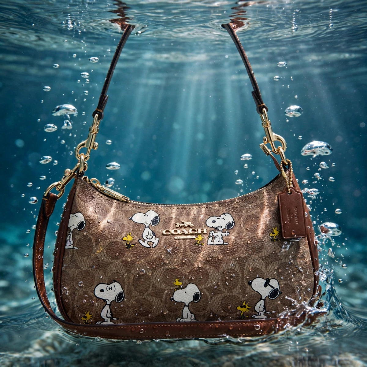 Coach x Peanuts Teri Shoulder Bag with Snoopy print in water scene
