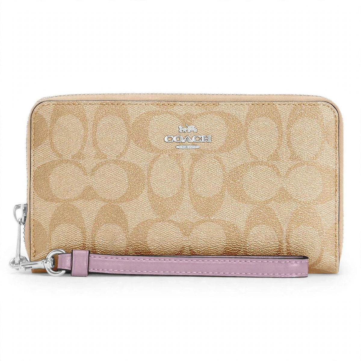 Coach zip-around long wallet in signature canvas with purple strap on white background