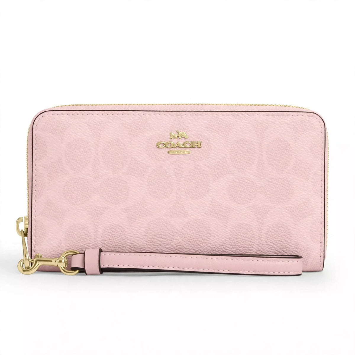 Coach CW778 long zip-around wallet in powder pink signature canvas on white background