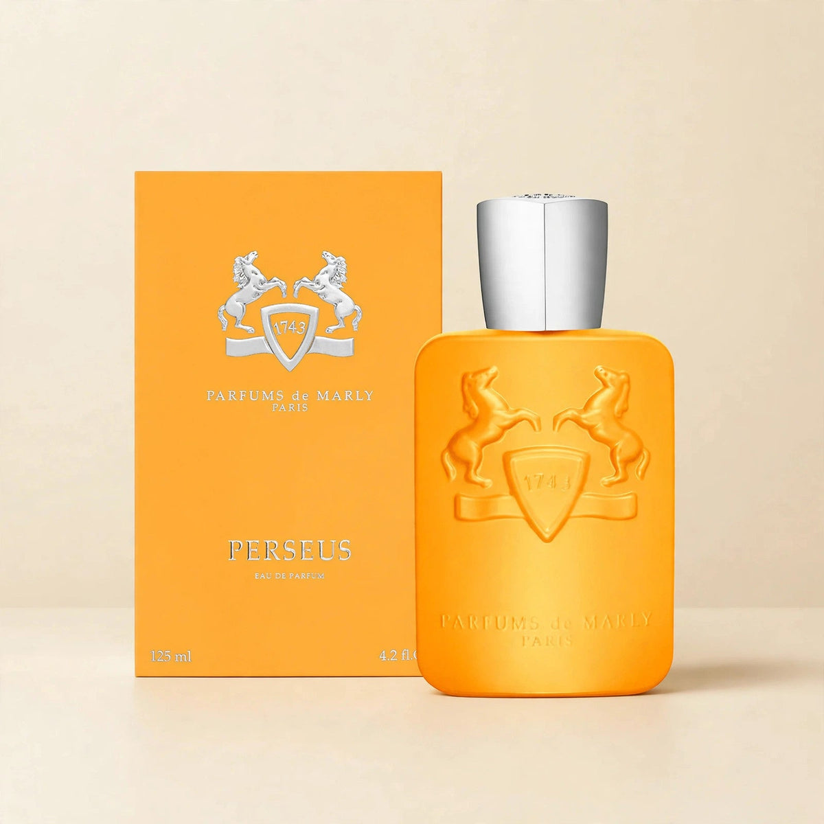 Parfums de Marly Perseus Eau de Parfum 125ml bottle and box in cream studio
