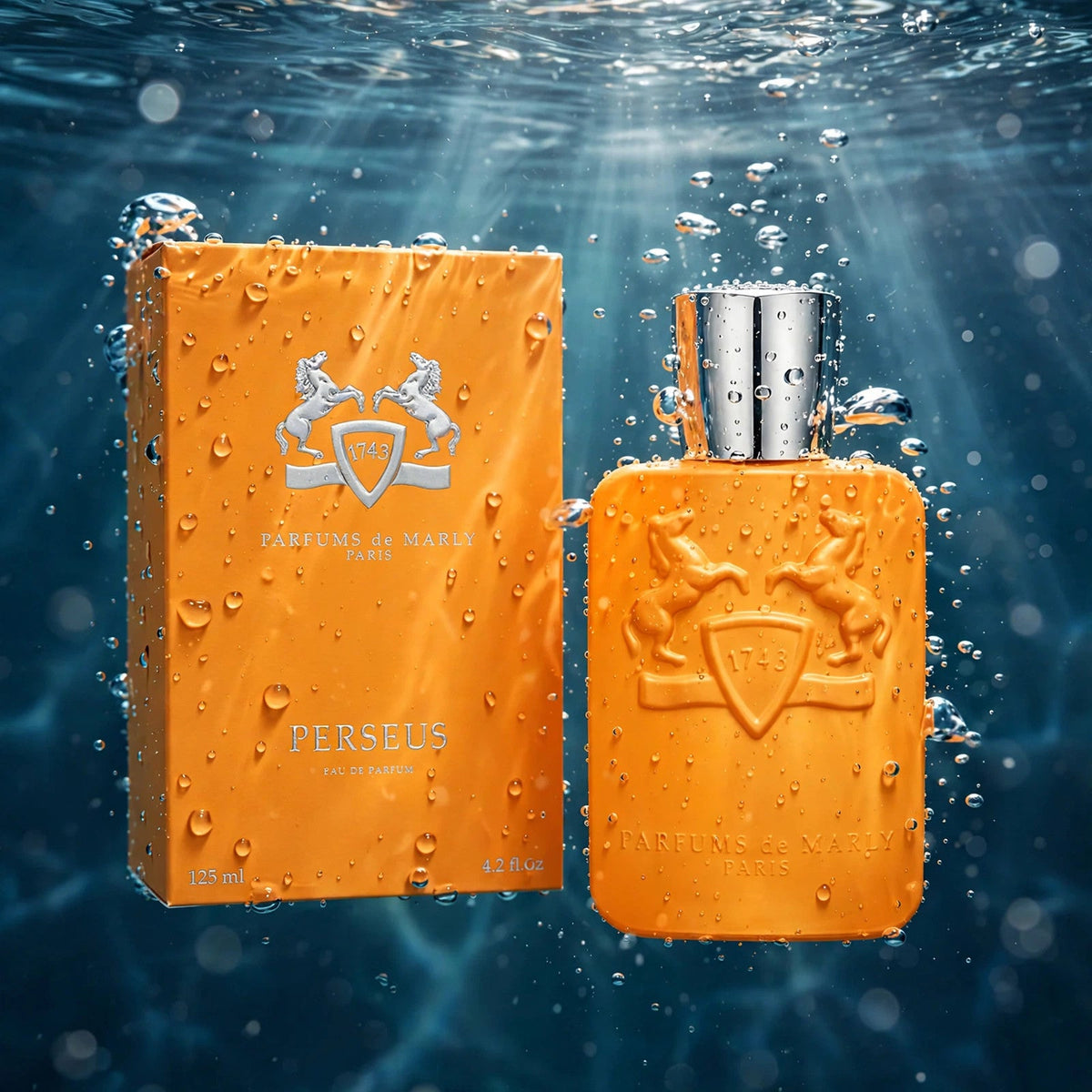 Parfums de Marly Perseus Eau de Parfum 125ml bottle underwater