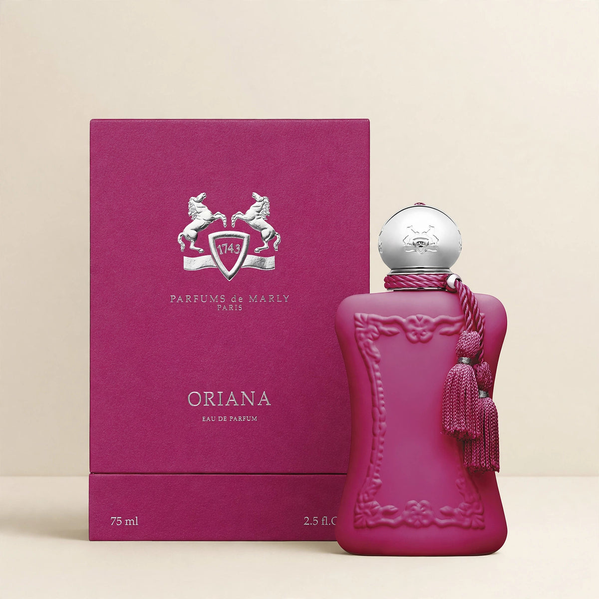 Parfums de Marly Oriana perfume in a minimal cream studio