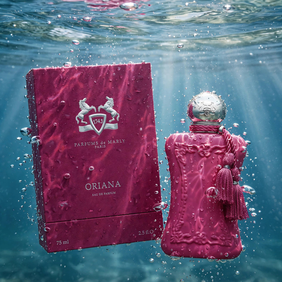 Parfums de Marly Oriana perfume submerged in clear water