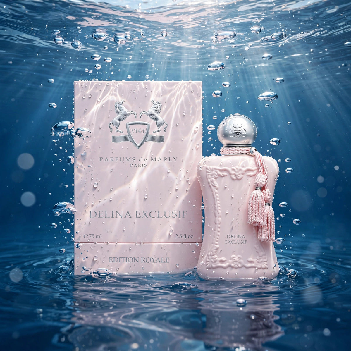 Parfums de Marly Delina Exclusif perfume submerged in clear water