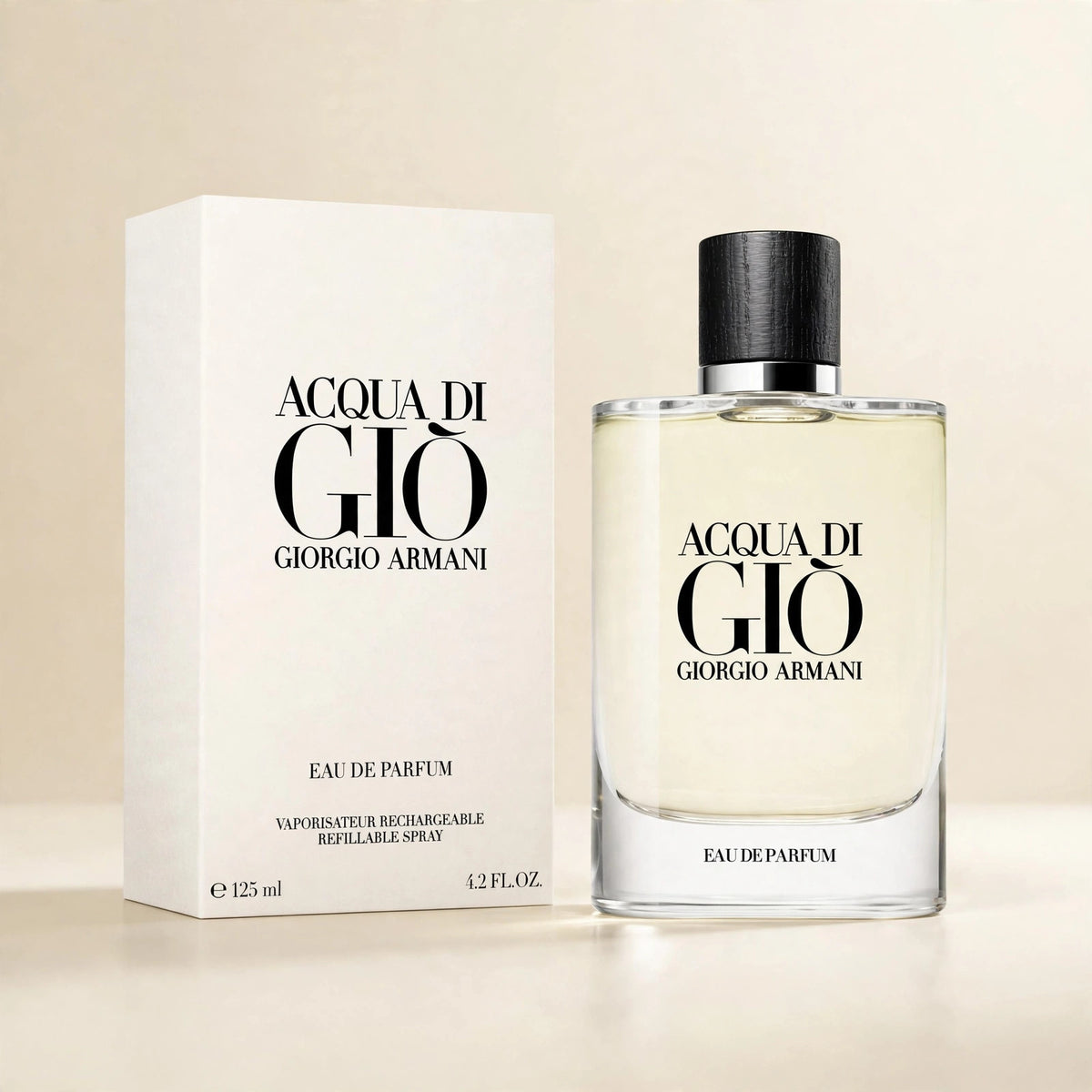 Acqua di Gio Eau de Parfum bottle and box in cream studio