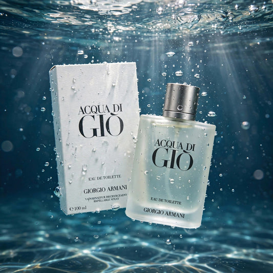 Acqua di Gio Eau de Toilette bottle submerged in clear water