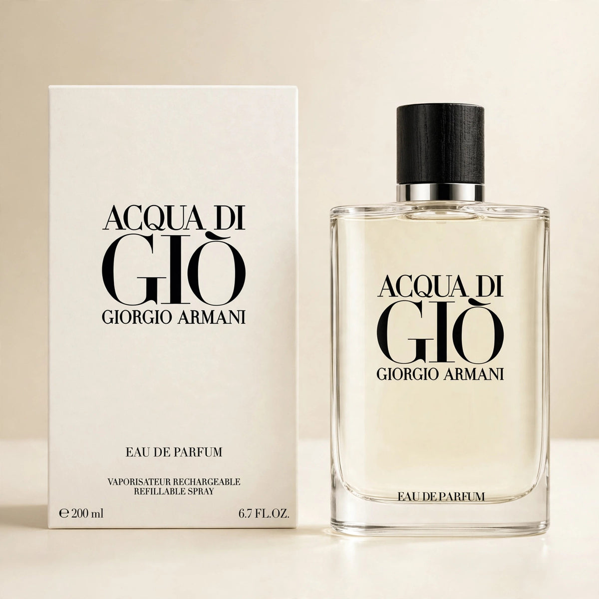 Acqua di Gio Eau de Parfum 200ml bottle and box in cream studio