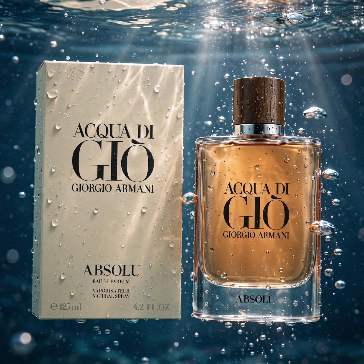 Acqua di Gio Absolu Eau de Parfum bottle submerged in clear water