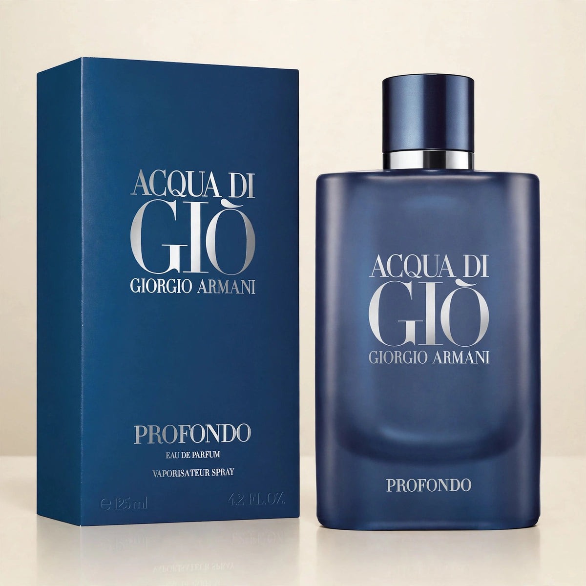 Acqua di Gio Profondo Eau de Parfum bottle and box in cream studio