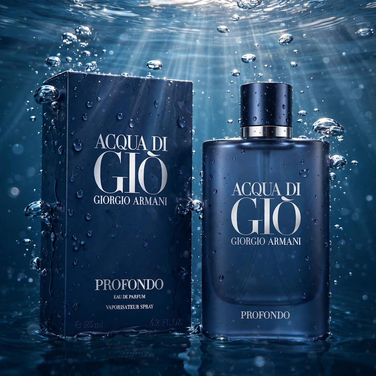 Acqua di Gio Profondo Eau de Parfum bottle submerged in deep water