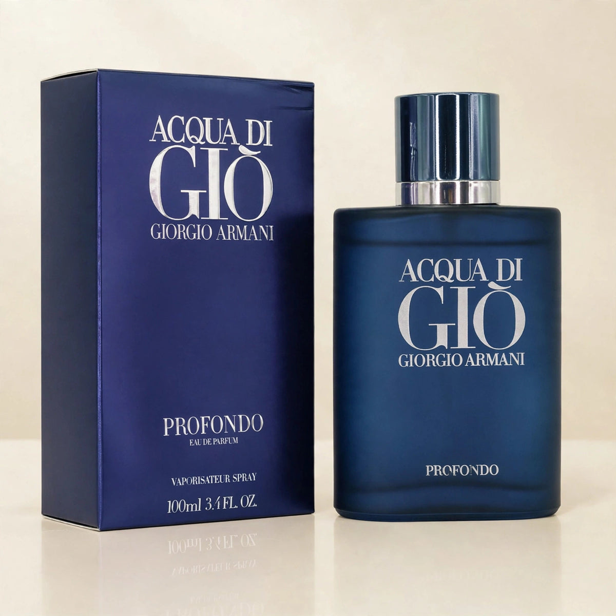 Acqua di Gio Profondo Eau de Parfum bottle and box in cream studio