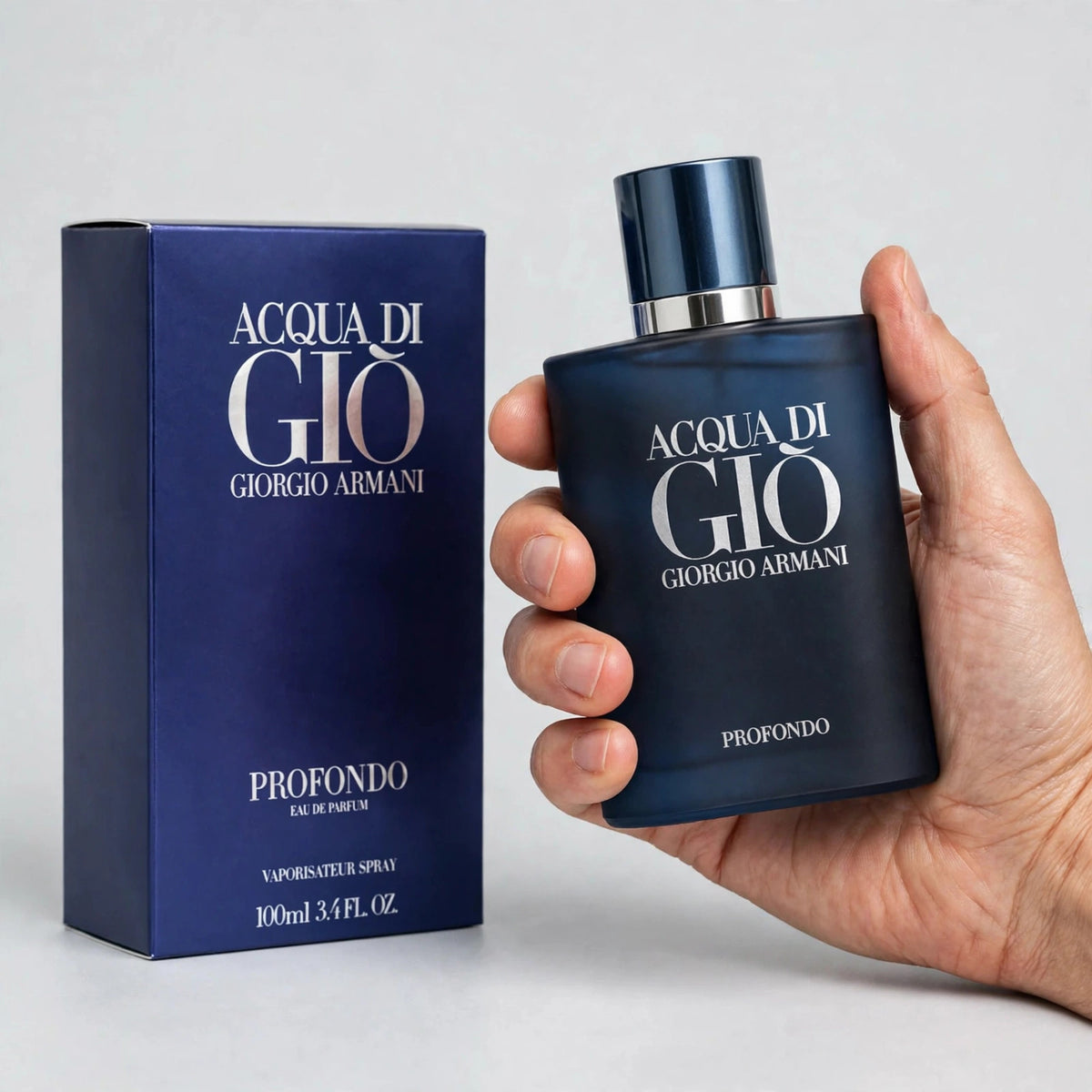 Acqua di Gio Profondo Eau de Parfum bottle held in hand