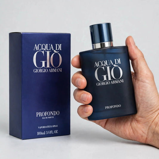 Acqua di Gio Profondo Eau de Parfum bottle held in hand