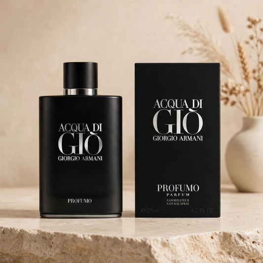 Acqua di Gio Profumo Parfum bottle and box in warm beige studio